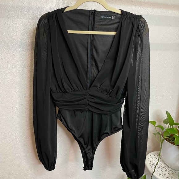 Black Mesh Ruched Waistband Bodysuit - Picture 3 of 7